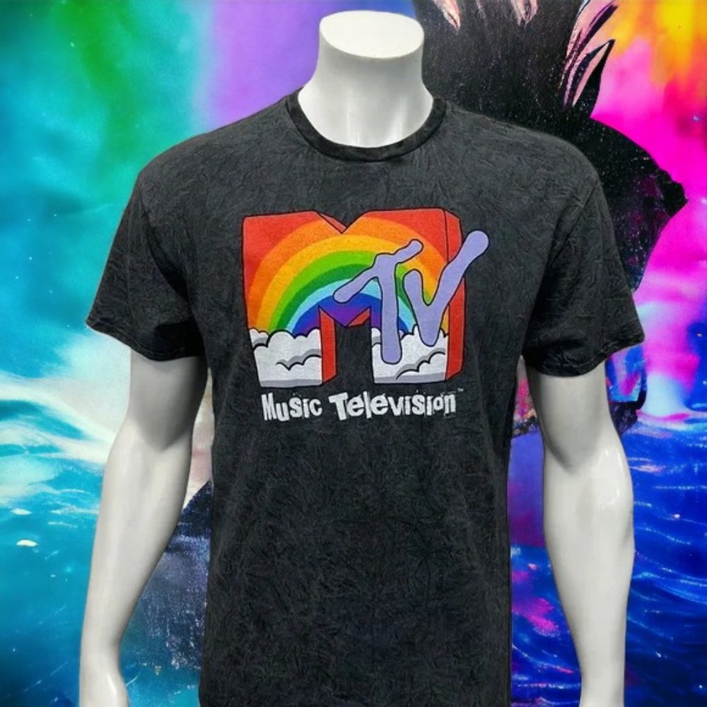 MTV Music Television Gray Rainbow Graphic Unisex T-Shirt Tee Size Medium MD